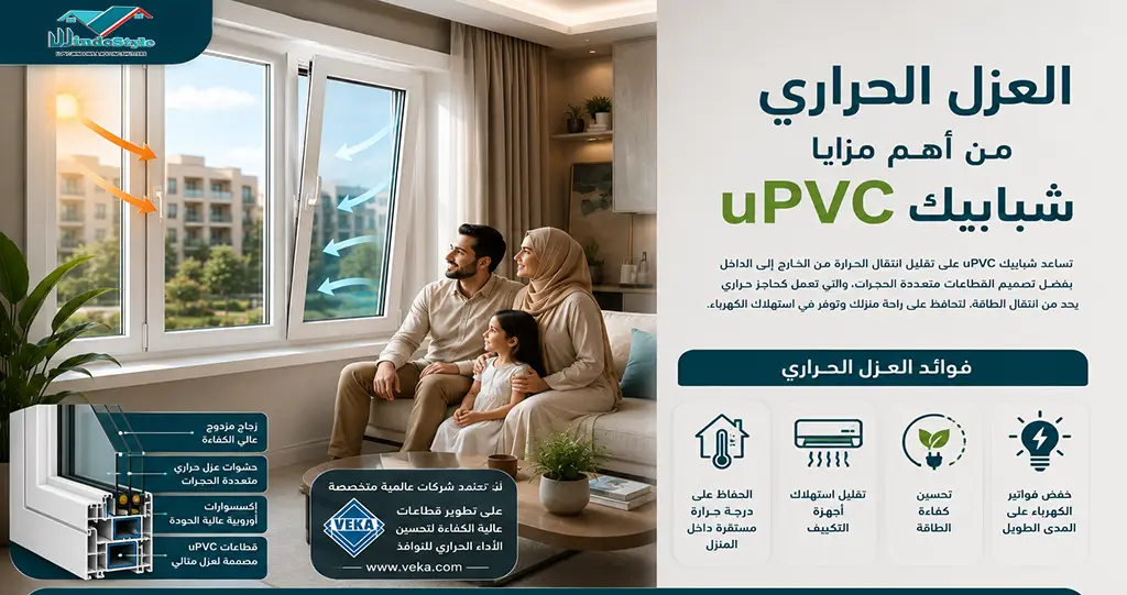 مزايا شبابيك uPVC | العزل الحراري والصوتي وتوفير الطاقة 5 العزل الحراري من أهم مزايا شبابيك uPVC يعتبر العزل الحراري أحد أهم الأسباب التي تدفع أصحاب المنازل لاختيار شبابيك uPVC. ففي مصر، ترتفع درجات الحرارة خلال معظم أشهر السنة، وهو ما يؤدي إلى زيادة الاعتماد على أجهزة التكييف وارتفاع استهلاك الكهرباء. وتساعد شبابيك uPVC على تقليل انتقال الحرارة من الخارج إلى الداخل بفضل تصميم القطاعات متعددة الحجرات، والتي تعمل كحاجز حراري يحد من انتقال الطاقة. ومن فوائد العزل الحراري: الحفاظ على درجة حرارة مستقرة داخل المنزل. تقليل استهلاك أجهزة التكييف. تحسين كفاءة الطاقة. خفض فواتير الكهرباء على المدى الطويل. وتعتمد شركات عالمية متخصصة مثل VEKA على تطوير قطاعات عالية الكفاءة لتحسين الأداء الحراري للشبابيك.