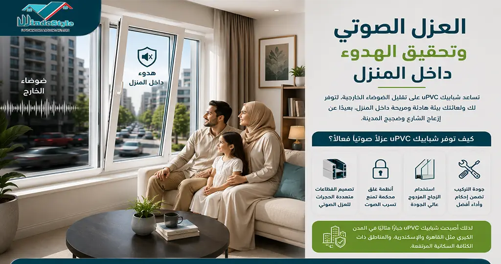 مزايا شبابيك uPVC | العزل الحراري والصوتي وتوفير الطاقة 4 العزل الصوتي وتحقيق الهدوء داخل المنزل من أهم مميزات شبابيك uPVC التي يبحث عنها سكان المدن الكبرى قدرتها على تقليل الضوضاء الخارجية. فإذا كنت تعيش بالقرب من شارع مزدحم أو منطقة تجارية، فإن الضوضاء المستمرة قد تؤثر على الراحة اليومية وجودة النوم. وتساعد شبابيك uPVC على تقليل انتقال الأصوات من خلال: تصميم القطاعات متعددة الحجرات. أنظمة الغلق المحكمة. استخدام الزجاج المزدوج. جودة التركيب. ولهذا السبب أصبحت خيارًا شائعًا في القاهرة والإسكندرية والمدن ذات الكثافة السكانية المرتفعة.