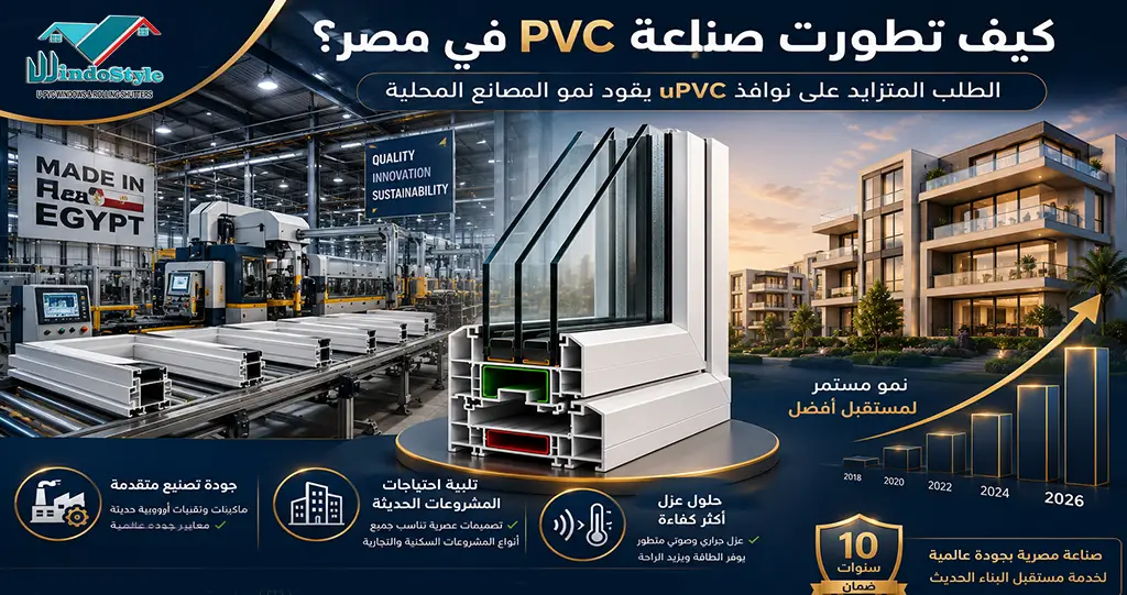 مصانع PVC فى مصر | دليل اختيار أفضل مصنع للأبواب والشبابيك 1 أصبحت مصانع PVC فى مصر عنصرًا مهمًا في قطاع البناء الحديث بفضل الطلب المتزايد على الأبواب والشبابيك المصنوعة من uPVC لكن اختيار المصنع المناسب يجب أن يعتمد على جودة القطاع والتصنيع والتدعيم والزجاج والإكسسوارات والتركيب وليس السعر فقط
