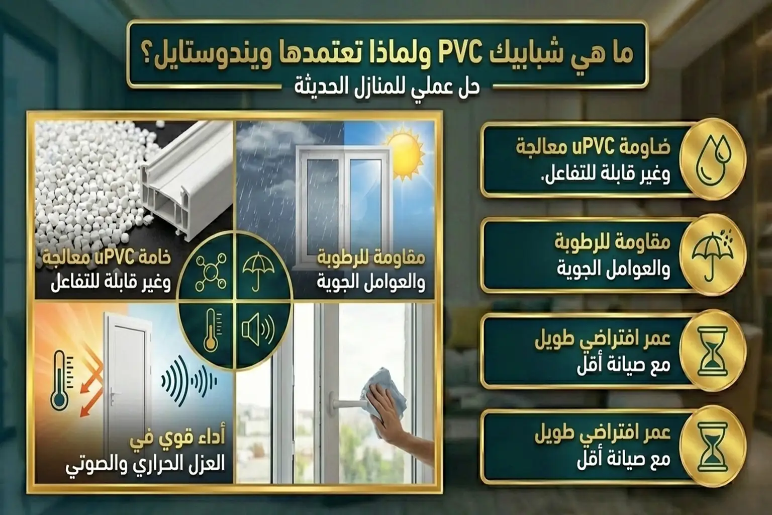 حل عملي للمنازل الحديثة ✔ خامة uPVC معالجة وغير قابلة للتفاعل ✔ مقاومة للرطوبة والعوامل الجوية ✔ أداء قوي في العزل الحراري والصوتي ✔ عمر افتراضي طويل مع صيانة أقل