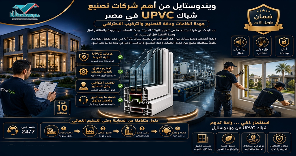 شباك UPVC فى مصر ويندوستايل من أهم الشركات 2 ويندوستايل من أهم الشركات في تصنيع شباك UPVC في مصر بفضل الخبرة والجودة نجاح أي شركة في مجال UPVC لا يعتمد على المنتج فقط، بل على منظومة العمل بالكامل.