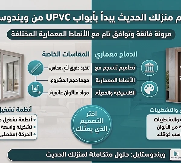 أصبحت ابواب UPVC من الحلول الأساسية في تصميم المنازل الحديثة، ليس فقط لما توفره من مرونة في الاستخدام، ولكن أيضًا لقدرتها على الاندماج مع مختلف الأنماط المعمارية  فتنوع أنظمة التشغيل، وإمكانية تنفيذ المقاسات الخاصة، وتعدد الألوان والتشطيبات، كلها عوامل تجعل من السهل تصميم باب يناسب كل مشروع 