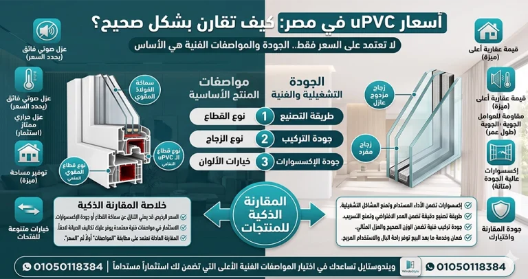 اسعار uPVC قطاعات شبابيك في مصر من ويندوستايل 9 تعتمد اسعار uPVC في مصر على عدة عوامل، أهمها نوع القطاع والزجاج والإكسسوارات والمقاسات وجودة التصنيع والتركيب ولذلك لا يمكن الاعتماد على السعر فقط عند المقارنة بين المنتجات