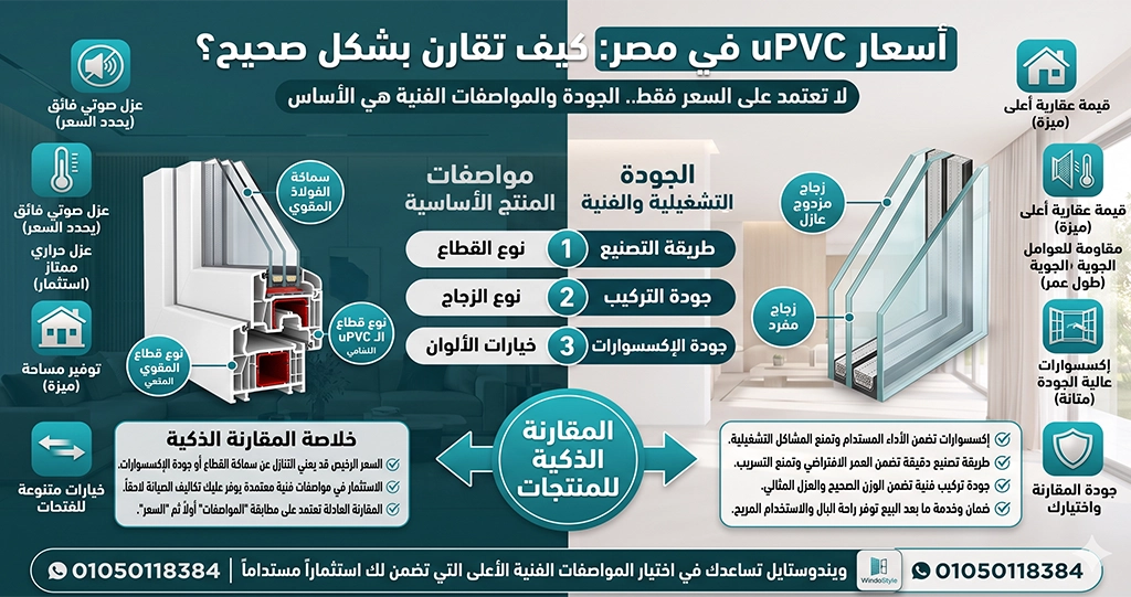 تعتمد اسعار uPVC في مصر على عدة عوامل، أهمها نوع القطاع والزجاج والإكسسوارات والمقاسات وجودة التصنيع والتركيب  ولذلك لا يمكن الاعتماد على السعر فقط عند المقارنة بين المنتجات 