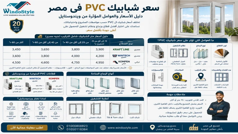 سعر شبابيك PVC فى مصر 2026 | دليل الأسعار من ويندوستايل 6 سعر شبابيك Pvc فى مصر من شركة ويندوستايل بالعاشر من رمضان