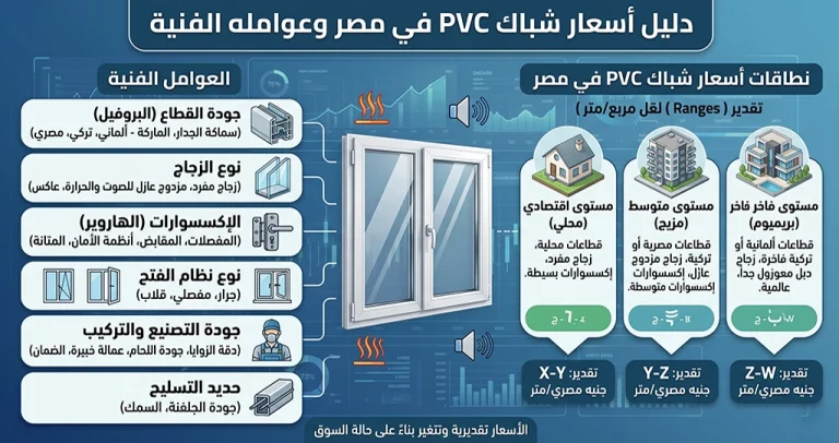 يعتمد سعر شباك PVC في مصر على مجموعة من العوامل الفنية، وليس على مساحة الشباك فقط  فاختيار القطاع المناسب، ونظام الفتح، ونوع الزجاج، والإكسسوارات، والألوان، كلها عناصر تؤثر في التكلفة النهائية 