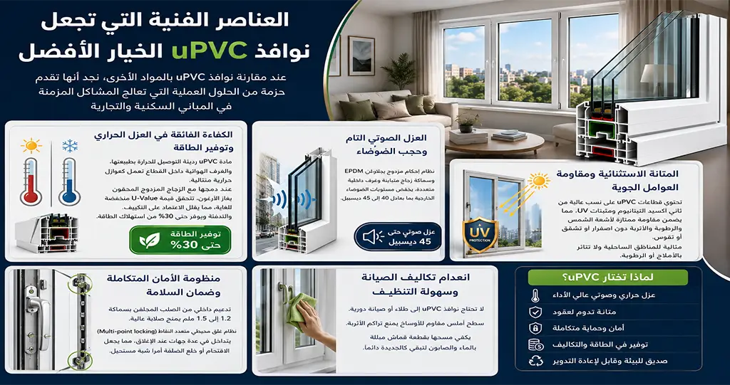 نوافذ uPVC: الدليل الهندسي الشامل لأحدث تقنيات العزل 2 العناصر الفنية التي تجعل نوافذ uPVC الخيار الأفضل عند مقارنة نوافذ uPVC بالمواد الأخرى، نجد أنها تقدم حزمة من الحلول العملية التي تعالج المشاكل المزمنة في المباني السكنية والتجارية، ويمكن تلخيص أبرز هذه المزايا الفنية في النقاط التالية: 1. الكفاءة الفائقة في العزل الحراري وتوفير الطاقة تتميز مادة الـ uPVC بكونها مادة رديئة التوصيل للحرارة بطبيعتها (Non-conductive)، على عكس الألومنيوم الذي يعتبر موصلاً سريعاً ينقل حرارة الصيف وبرودة الشتاء إلى داخل المبنى. التصميم الداخلي للقطاعات يحتوي على غرف هوائية مفرغة تعمل كمصدات حرارية متتالية. عند دمج هذه القطاعات مع الزجاج المزدوج المحقون بغاز الآرغون الخامل، فإنها تحقق معامل انتقال حراري منخفض جداً (U-Value)، مما يقلل الاعتماد على أجهزة التكييف والتدفئة، ويساهم في خفض فواتير استهلاك الكهرباء بنسب تصل إلى 30%. 2. العزل الصوتي التام وحجب الضوضاء في المدن المزدحمة والمناطق القريبة من الطرق السريعة، يمثل التلوث السمعي تحدياً كبيراً يؤثر على جودة الحياة والصحة النفسية. تعتمد نوافذ uPVC على نظام إحكام مزدوج باستخدام جلود عزل مطاطية متطورة مصنعة من مادة EPDM. هذا الإحكام، جنباً إلى جنب مع سماكة الزجاج المتباين والغرف الداخلية للقطاع، يضمن خفض مستويات الضوضاء الخارجية بما يعادل 40 إلى 45 ديسيبل، مما يوفر هدوءاً تاماً داخل غرف النوم والمعيشة. 3. المتانة الاستثنائية ومقاومة العوامل الجوية تتعرض الواجهات الخارجية للمباني بشكل مستمر لأشعة الشمس المباشرة، الرطوبة، والأتربة. تتميز قطاعات uPVC الحديثة باحتوائها على نسب عالية من مادة "ثاني أكسيد التيتانيوم" (Titanium Dioxide) ومثبتات الأشعة فوق البنفسجية (UV Stabilizers). هذه التركيبة الكيميائية تضمن بقاء النوافذ محتفظة بألوانها الناصعة وبنيتها الصلبة دون اصفرار، أو تشقق، أو تقوس، حتى تحت درجات الحرارة المرتفعة. بالإضافة إلى ذلك، فإن المادة خاملة تماماً ولا تتأثر بالرطوبة أو الأملاح، مما يجعلها مثالية للمناطق الساحلية حيث تفشل النوافذ الخشبية (بسبب التعفن والتمدد) والنوافذ الألومنيوم (بسبب الصدأ والتآكل الكيميائي). 4. منظومة الأمان المتكاملة وضمان السلامة لم تعد النوافذ مجرد فتحات سهلة الاختراق؛ حيث يتم تدعيم قطاعات الـ uPVC من الداخل بهياكل مصنوعة من الصلب المجلفن بسماكات تتراوح بين 1.2 ملم و1.5 ملم لتمنح النافذة صلابة ميكانيكية قوية. وعلاوة على ذلك، يتم تزويد النوافذ بأنظمة غلق محيطية متعددة النقاط (Multi-point locking)، بحيث تتداخل أقفال معدنية صلبة في إطار النافذة من عدة جهات عند إغلاق المقبض، مما يجعل محاولات الاقتحام أو خلع الضلفة من الخارج أمراً شبه مستحيل. 5. انعدام تكاليف الصيانة وسهولة التنظيف على عكس النوافذ الخشبية التي تتطلب إعادة طلاء وعزل ضد الحشرات بشكل دوري، فإن نوافذ الـ uPVC لا تحتاج إلى أي نوع من أنواع الطلاء طوال عمرها الافتراضي. سطحها الأملس والمقاوم للأوساخ يمنع تراكم الأتربة، ويكفي مسحها بقطعة قماش مبللة بالماء والصابون لتعود مظهرها جديداً كما كان، مما يوفر الكثير من الوقت والجهد والأموال على المدى الطويل.