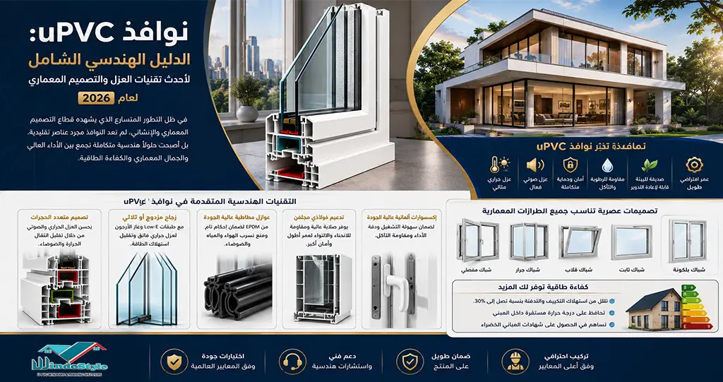نوافذ uPVC الدليل الهندسي الشامل لأحدث تقنيات العزل والتصميم المعماري الاستثمار في نوافذ uPVC عالية الجودة ليس مجرد مظهر جمالي وعصري لمنزلك، بل هو قرار اقتصادي وهندسي مستدام فهذه النوافذ تمثل خط الدفاع الأول الذي يحمي عائلتك من تقلبات الطقس