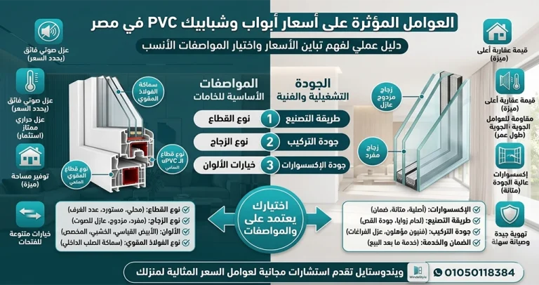 تعرف على اسعار PVC في مصر والعوامل التي تؤثر على تكلفة أبواب وشبابيك uPVC مثل نوع القطاع والزجاج والإكسسوارات، مع نصائح لاختيار أفضل جودة مقابل السعر 