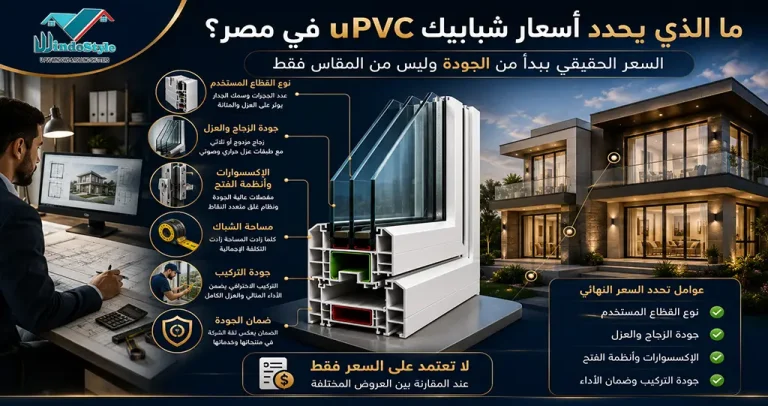 أسعار نوافذ uPVC في مصر | العوامل التي تحدد التكلفة 10 تعرف على أسعار نوافذ uPVC في مصر والعوامل التي تؤثر على التكلفة مثل نوع القطاع والزجاج والإكسسوارات والمساحة، مع نصائح لاختيار أفضل جودة مقابل السعر