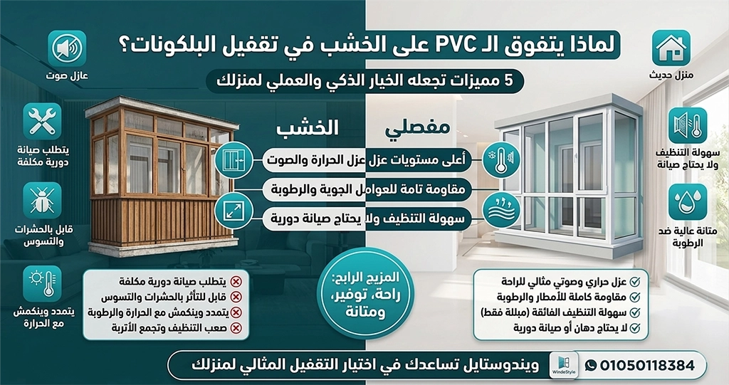 يعد تقفيل بلكونات PVC من شركة ويندوستايل من الحلول الحديثة التي تساعد على الاستفادة من مساحة البلكونة وتحسين مظهرها بشكل كبير 