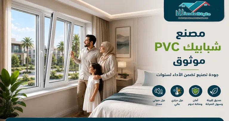 مصنع شبابيك PVC في مصر | تصنيع وتركيب 2 اختيار مصنع شبابيك PVC لا يقل أهمية عن اختيار نوع القطاع نفسه فالجودة الحقيقية تعتمد على التصنيع الدقيق والتدعيم المناسب والزجاج والإكسسوارات والتركيب الاحترافي