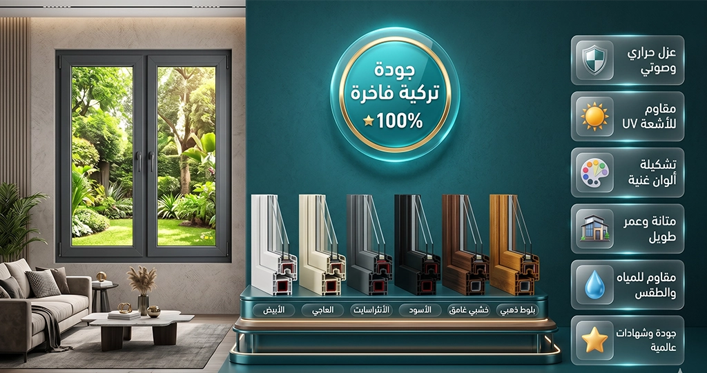 ألوان شبابيك PVC تركي ومصري من ويندوستايل مجموعة واسعة 4 ألوان قطاعات كومبن التركي تتميز قطاعات كومبن بتوفر مجموعة واسعة من الألوان والتشطيبات. ومن أشهرها: الأبيض. البيج. الرمادي. الأرو. الخشبي. وتعتبر هذه الخيارات مناسبة للمشروعات السكنية الفاخرة والواجهات الحديثة.