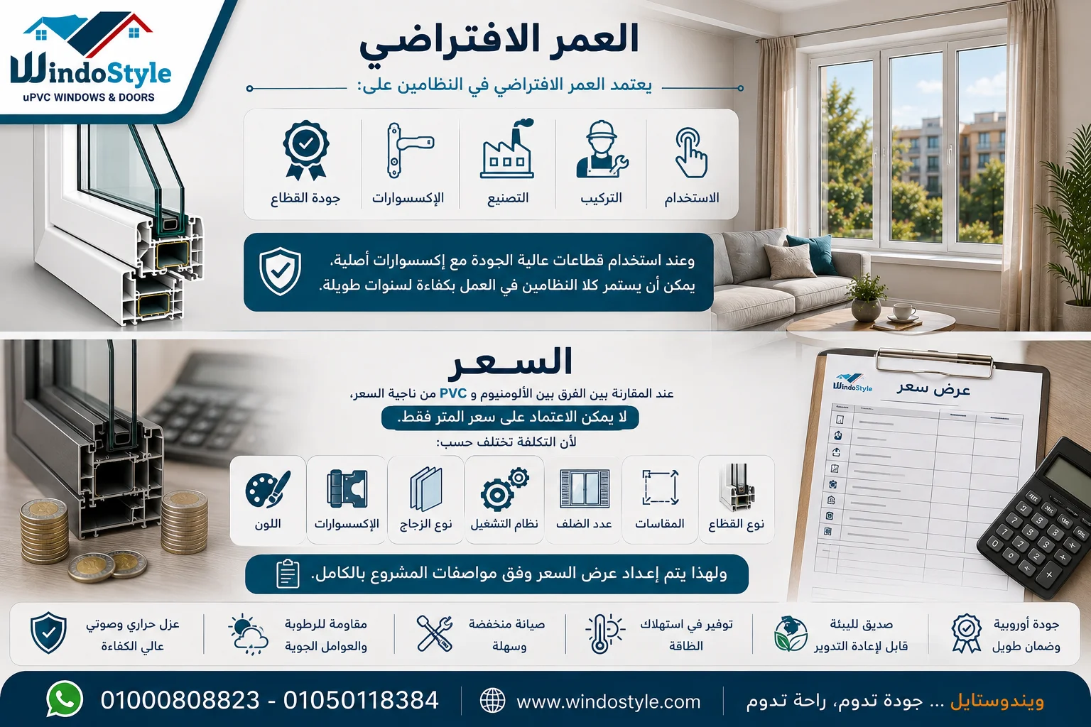 الفرق بين الالمنيوم و PVC: أيهما أفضل لمنزلك؟ 5 الفرق بين الألومنيوم و PVC في العمر الافتراضي والسعر