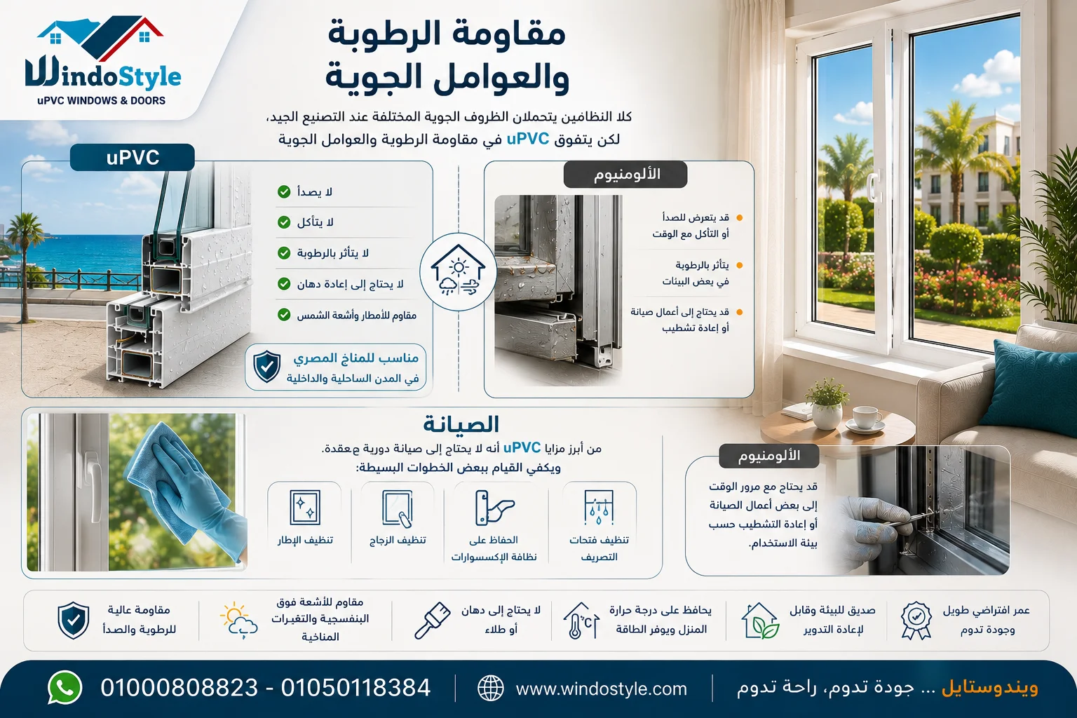 الفرق بين الالمنيوم و PVC: أيهما أفضل لمنزلك؟ 3 الفرق بين الألومنيوم و PVC في مقاومة الرطوبة والعوامل الجوية