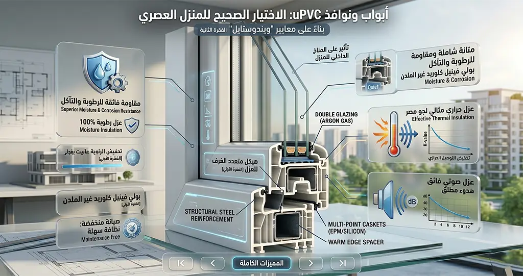 مميزات أبواب ونوافذ uPVC (لماذا هي الاختيار الصح؟) عند الحديث عن أبواب ونوافذ uPVC، فإننا نتحدث عن مجموعة من المزايا العملية التي تلبي احتياجات المنزل العصري في مصر. وبناءً على ما تقدمه الشركات المتخصصة مثل "ويندوستايل" (Windostyle) كدليل للاختيار الصحيح