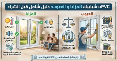 UPVC شبابيك المزايا و العيوب: دليل شامل قبل الشراء عند البحث عن uPVC شبابيك المزايا و العيوب ستجد أن هذا النوع من الشبابيك أصبح من أكثر الخيارات انتشارًا في مصر خلال السنوات الأخيرة، وذلك بفضل ما يقدمه من عزل حراري وصوتي ومقاومة للعوامل الجوية  ومع ذلك، مثل أي منتج آخر، توجد له بعض العيوب التي يجب معرفتها قبل اتخاذ قرار الشراء 