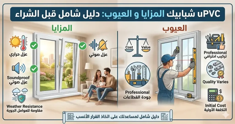uPVC شبابيك المزايا و العيوب | دليل شامل قبل الشراء 4 UPVC شبابيك المزايا و العيوب: دليل شامل قبل الشراء عند البحث عن uPVC شبابيك المزايا و العيوب ستجد أن هذا النوع من الشبابيك أصبح من أكثر الخيارات انتشارًا في مصر خلال السنوات الأخيرة، وذلك بفضل ما يقدمه من عزل حراري وصوتي ومقاومة للعوامل الجوية ومع ذلك، مثل أي منتج آخر، توجد له بعض العيوب التي يجب معرفتها قبل اتخاذ قرار الشراء