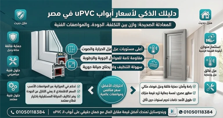 تعرف على upvc أسعار أبواب في مصر والعوامل التي تؤثر على السعر مثل الخامة والزجاج والإكسسوارات، مع دليل لاختيار أفضل باب UPVC مناسب لمنزلك أو مشروعك 
