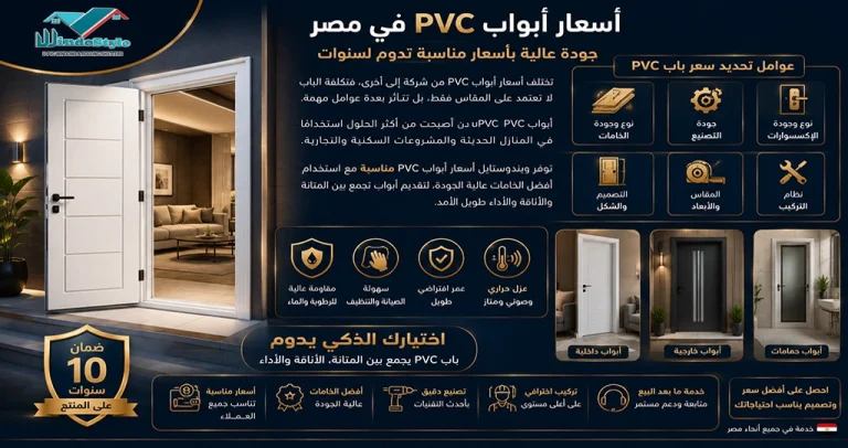 أسعار أبواب PVC في مصر | العوامل المؤثرة على التكلفة 2025 6 تعرف على أسعار أبواب PVC في مصر والعوامل التي تحدد التكلفة مثل الخامات والتصميم والإكسسوارات، مع نصائح لاختيار أفضل جودة مقابل السعر