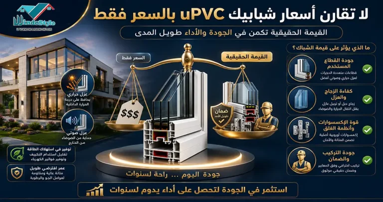 أسعار شبابيك uPVC | كيف تعرف أن السعر مناسب؟ 7 عند تقييم أسعار شبابيك uPVC لا تركز على الرقم النهائي فقط، بل على القيمة التي تحصل عليها مقابل هذا السعر فجودة القطاع والزجاج والإكسسوارات والتركيب والضمان جميعها عناصر تؤثر على الأداء والعمر الافتراضي للشباك