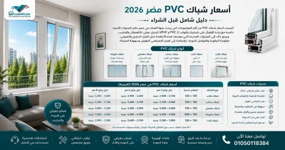 أسعار شباك PVC في مصر 2026 | أحدث الأسعار 3 Learn about PVC window prices in Egypt in 2026 and the main factors affecting the price, along with a comparison between different types of profiles and glass, the advantages of uPVC windows, and the best solutions for thermal and acoustic insulation.