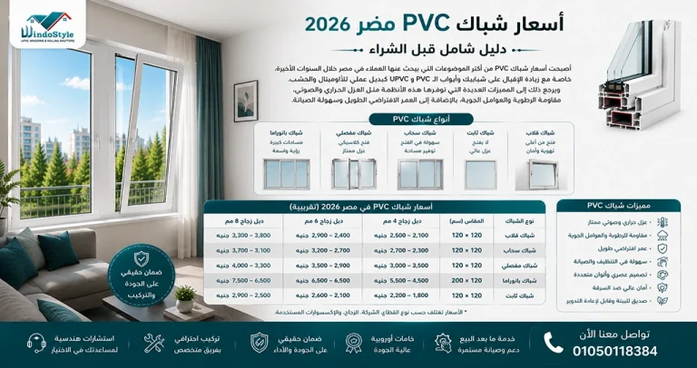 تعرف على أسعار شباك PVC في مصر 2026 وأهم العوامل التي تؤثر على السعر، مع مقارنة بين أنواع القطاعات والزجاج ومميزات شبابيك UPVC وأفضل الحلول للعزل الحراري والصوتي 