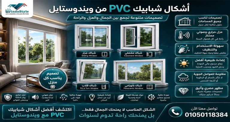 تتنوع أشكال شبابيك PVC والأنواع المتوفرة من ويندوستايل لتناسب مختلف الاحتياجات والتصميمات المعمارية  وتشمل الشبابيك الجرار والمفصلية والدبل أكشن والقلابة والثابتة والبانورامية، مع إمكانية تنفيذ المقاسات والألوان المختلفة حسب متطلبات المشروع 