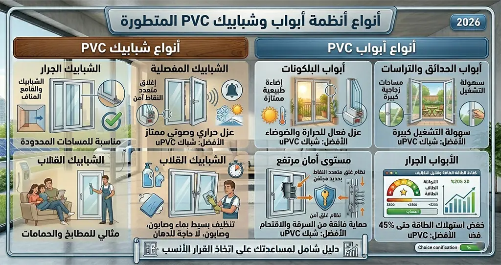 أبواب PVC و شبابيك PVC | المميزات والأسعار ودليل الاختيار 5 أنواع شبابيك PVC الشبابيك الجرار تُعد من أكثر الأنواع انتشارًا وتناسب المساحات المحدودة، حيث لا تحتاج إلى مساحة إضافية أثناء الفتح. الشبابيك المفصلية توفر إحكام غلق ممتازًا ومستويات عالية من العزل الحراري والصوتي. الشبابيك القلاب تُستخدم عادة في المطابخ والحمامات وبعض المساحات التي تحتاج إلى تهوية مستمرة. أنواع أبواب PVC أبواب البلكونات توفر إضاءة طبيعية ممتازة مع عزل فعال للحرارة والضوضاء. أبواب الحدائق والتراسات تتميز بالمساحات الزجاجية الكبيرة وسهولة التشغيل. الأبواب الجرار تُستخدم بشكل واسع في الفيلات والشقق الحديثة لتوفير المساحة وإضفاء مظهر عصري.