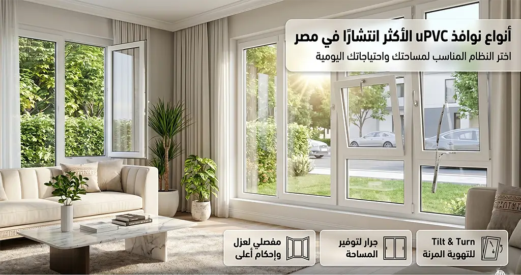 نوافذ uPVC مصر | المميزات والأسعار وأفضل الأنواع 2 أنواع نوافذ uPVC الأكثر انتشارًا في مصر النوافذ المفصلية توفر أعلى مستوى من العزل وإحكام الغلق، وهي مناسبة لغرف النوم والمعيشة. النوافذ الجرار تساعد على توفير المساحة وتناسب الشرفات والمطابخ. النوافذ القلاب تستخدم عادة في الحمامات والمطابخ لتوفير تهوية مستمرة. نوافذ Tilt & Turn من الأنظمة الأوروبية الحديثة التي تسمح بالفتح الكامل أو الإمالة الجزئية للتهوية.
