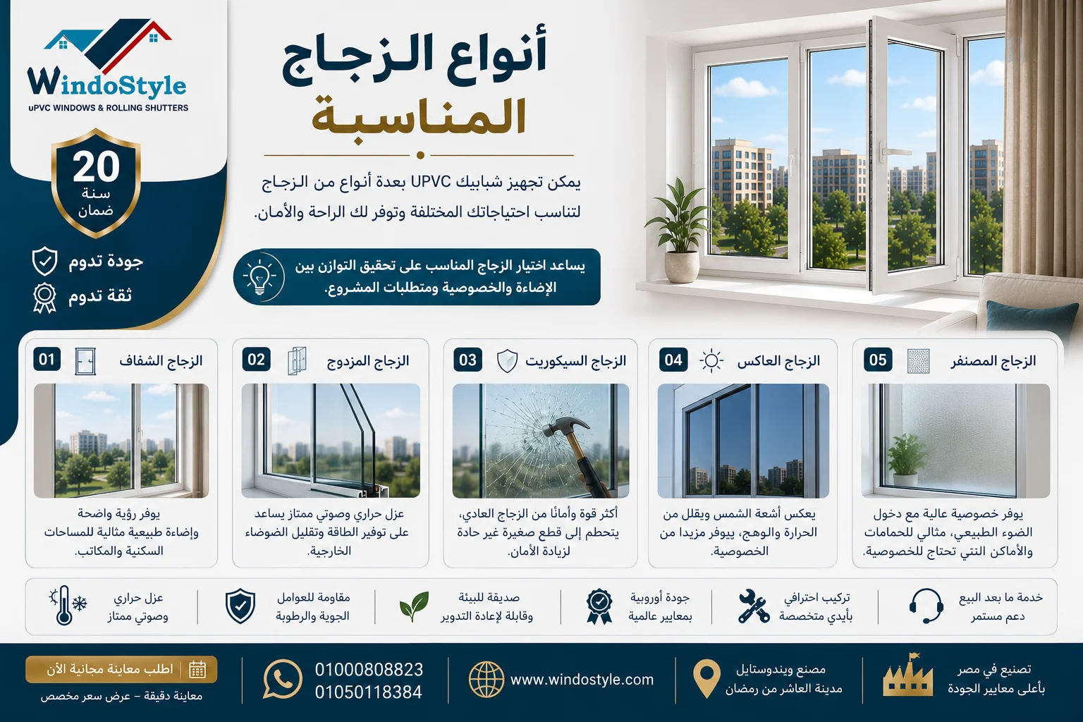 مميزات وجودة ابواب و شبابيك PVC من شركة ويندوستايل 4 انواع الزجاج المناسبة لشبابيك pvc
