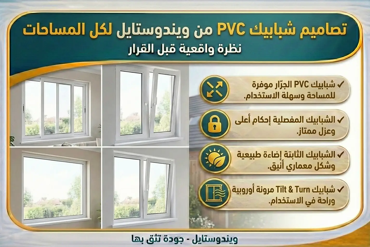 تصاميم شبابيك PVC تجمع بين الجمال، العزل، والسعر المناسب 1 تصاميم شبابيك PVC من ويندوستايل بأشكال عصرية، عزل حراري وصوتي، ألوان متعددة، وأسعار تنافسية اعرف الأنواع والمميزات واختار الشباك الأنسب لبيتك ✔ شبابيك PVC الجرّار موفرة للمساحة وسهلة الاستخدام ✔ الشبابيك المفصلية إحكام أعلى وعزل ممتاز ✔ الشبابيك الثابتة إضاءة طبيعية وشكل معماري أنيق ✔ شبابيك Tilt & Turn مرونة أوروبية وراحة في الاستخدام