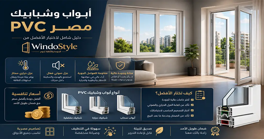 تعرف على أبواب وشبابيك PVC مصر من حيث المميزات والعزل الحراري والصوتي والأسعار وأهم الأنواع، مع دليل شامل لاختيار الأفضل من ويندوستايل.