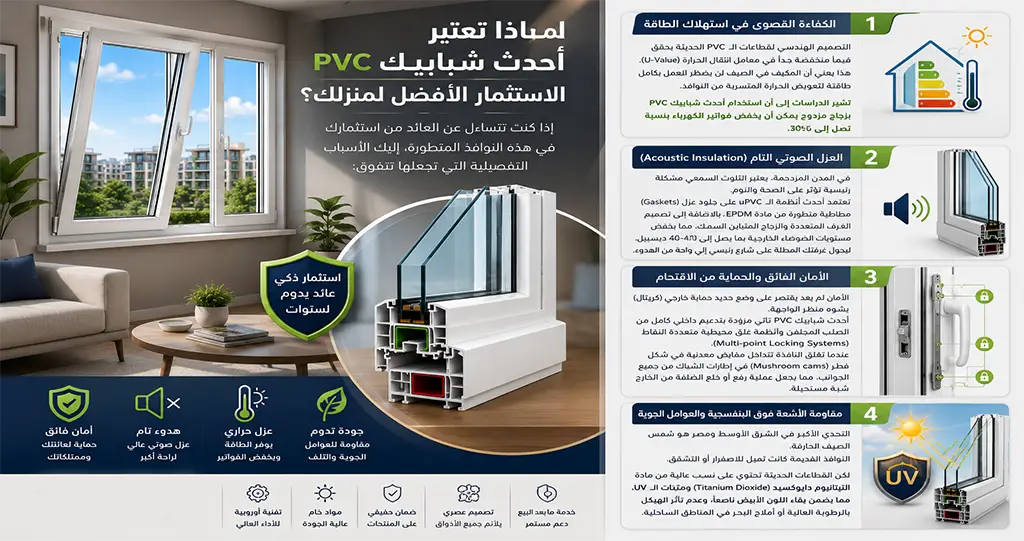 لماذا تعتبر أحدث شبابيك Pvc الاستثمار الأفضل لمنزلك؟ إذا كنت تتساءل عن العائد من استثمارك في هذه النوافذ المتطورة، إليك الأسباب التفصيلية التي تجعلها تتفوق: 1. الكفاءة القصوى في استهلاك الطاقة التصميم الهندسي لقطاعات الـ PVC الحديثة يحقق قيماً منخفضة جداً في معامل انتقال الحرارة (U-Value). هذا يعني أن المكيف في الصيف لن يضطر للعمل بكامل طاقته لتعويض الحرارة المتسربة من النوافذ. تشير الدراسات إلى أن استخدام أحدث شبابيك Pvc بزجاج مزدوج يمكن أن يخفض فواتير الكهرباء بنسبة تصل إلى 30%. 2. العزل الصوتي التام (Acoustic Insulation) في المدن المزدحمة، يعتبر التلوث السمعي مشكلة رئيسية تؤثر على الصحة والنوم. تعتمد أحدث أنظمة الـ uPVC على جلود عزل (Gaskets) مطاطية متطورة من مادة EPDM، بالإضافة إلى تصميم الغرف المتعددة والزجاج المتباين السمك، مما يخفض مستويات الضوضاء الخارجية بما يصل إلى 40-45 ديسيبل، ليحول غرفتك المطلة على شارع رئيسي إلى واحة من الهدوء. 3. الأمان الفائق والحماية من الاقتحام الأمان لم يعد يقتصر على وضع حديد حماية خارجي (كريتال) يشوه منظر الواجهة. أحدث شبابيك Pvc تأتي مزودة بتدعيم داخلي كامل من الصلب المجلفن، وأنظمة غلق محيطية متعددة النقاط (Multi-point Locking Systems). عندما تغلق النافذة، تتداخل مقابض معدنية في شكل فطر (Mushroom cams) في إطارات الشباك من جميع الجوانب، مما يجعل عملية رفع أو خلع الضلفة من الخارج شبه مستحيلة. 4. مقاومة الأشعة فوق البنفسجية والعوامل الجوية التحدي الأكبر في الشرق الأوسط ومصر هو شمس الصيف الحارقة. النوافذ القديمة كانت تميل للاصفرار أو التشقق. لكن القطاعات الحديثة تحتوي على نسب عالية من مادة التيتانيوم دايوكسيد (Titanium Dioxide) ومثبتات الـ UV، مما يضمن بقاء اللون الأبيض ناصعاً، وعدم تأثر الهيكل بالرطوبة العالية أو أملاح البحر في المناطق الساحلية.