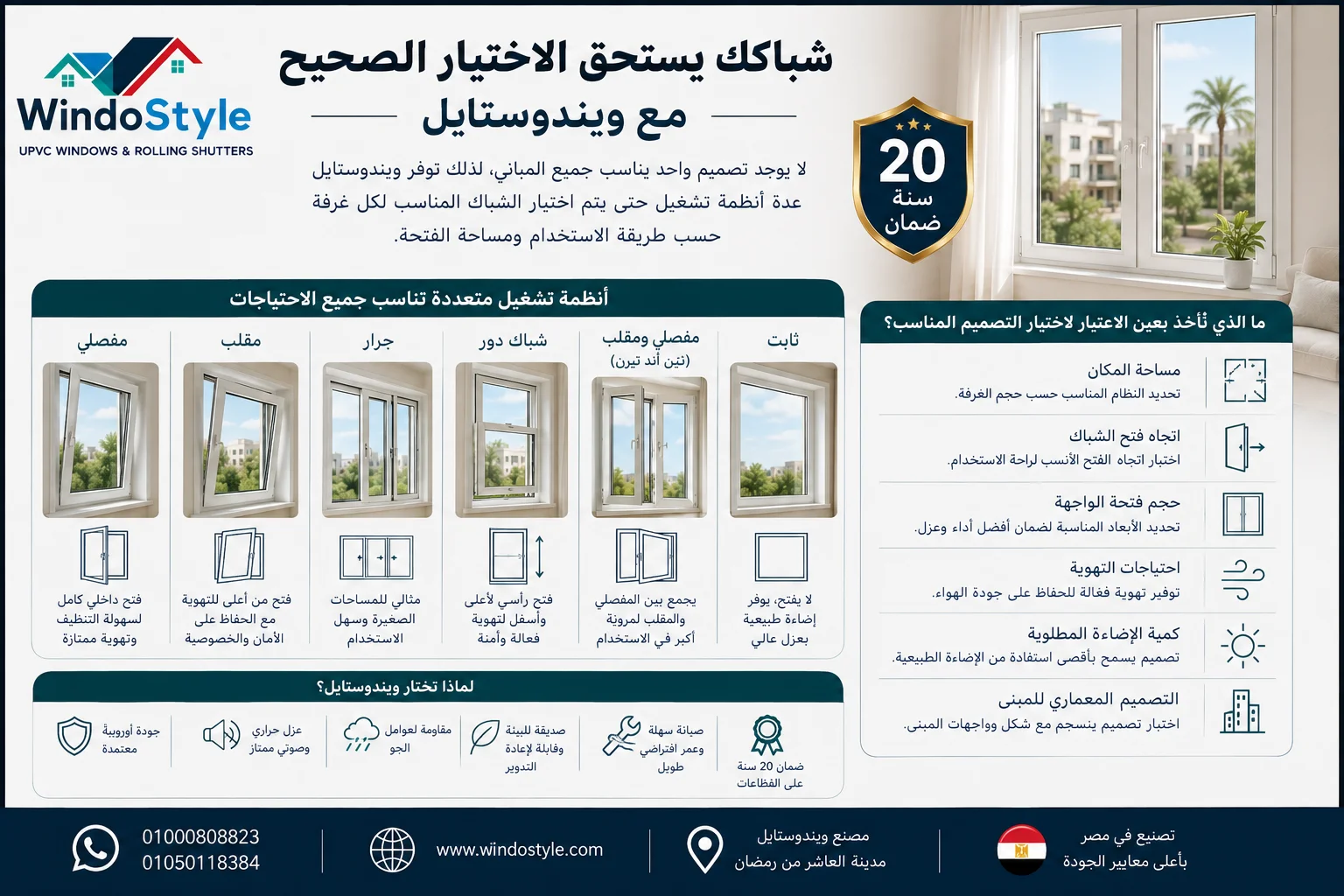 توفر ويندوستايل عدة أنظمة تشغيل حتى يتم اختيار الشباك المناسب لكل غرفة حسب طريقة الاستخدام ومساحة الفتحة. توفر ويندوستايل عدة أنظمة تشغيل حتى يتم اختيار الشباك المناسب لكل غرفة حسب طريقة الاستخدام ومساحة الفتحة