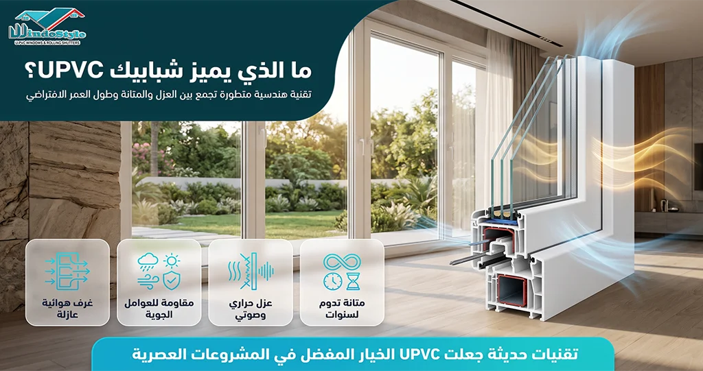 شبابيك upvc شبابيك UPVC تُصنع من مادة Unplasticized Polyvinyl Chloride، وهي مادة هندسية متطورة تتميز بالصلابة العالية ومقاومة الرطوبة والعوامل الجوية، وتحتوي القطاعات على غرف هوائية داخلية تساعد على تقليل انتقال الحرارة والضوضاء ولهذا السبب أصبحت شبابيك UPVC من أكثر الأنظمة استخدامًا في أوروبا والعديد من الأسواق العالمية، ثم انتشرت بقوة في السوق المصري خلال السنوات الأخيرة