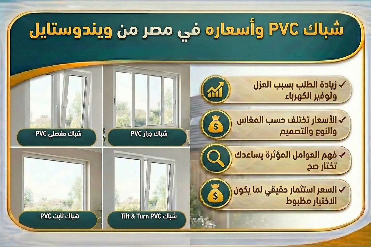 شباك PVC اسعاره في مصر من ويندوستايل 1 تعرف على شباك PVC اسعاره في مصر من شركة ويندوستايل، والعوامل التي تتحكم في السعر، وأنواع الشبابيك، ونصائح مهمة لاختيار أفضل شباك PVC بسعر مناسب وجودة عالية