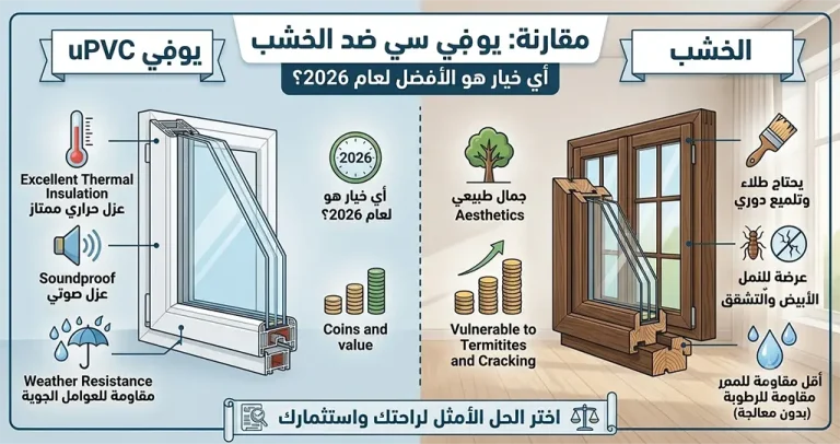 شباك الخشب أو شباك PVC؟ مقارنة شاملة قبل الشراء 2025 2 شباك الخشب أو شباك PVC؟ تعرف على أهم الفروقات بينهما من حيث العزل والصيانة والعمر الافتراضي والتكلفة، واكتشف أيهما الأنسب لمنزلك مع خبراء ويندوستايل