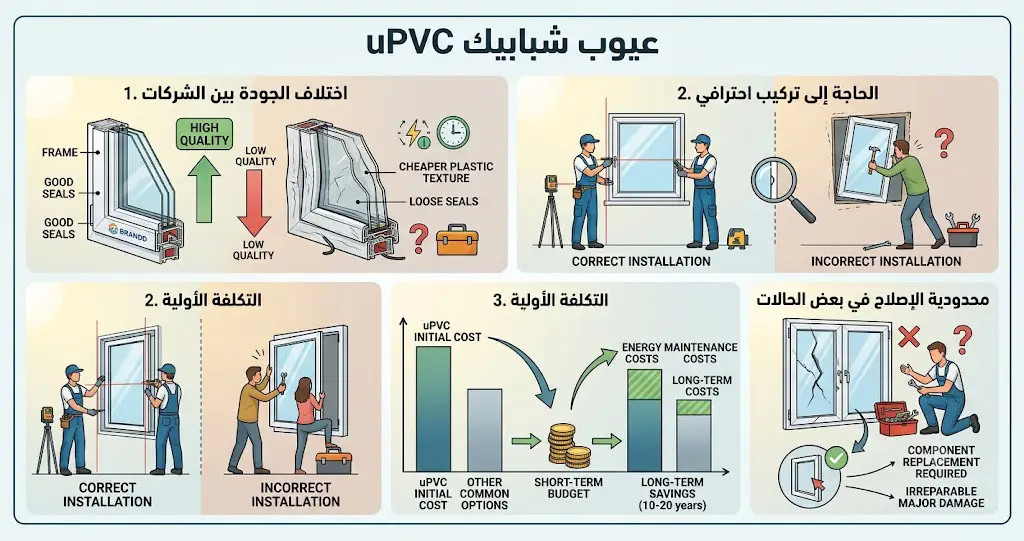 عيوب شبابيك uPVC 1. اختلاف الجودة بين الشركات أحد أكبر العيوب ليس في الخامة نفسها، بل في تفاوت جودة التصنيع والتركيب. استخدام قطاعات منخفضة الجودة أو إكسسوارات رديئة قد يؤدي إلى مشكلات في التشغيل والعزل بمرور الوقت. 2. الحاجة إلى تركيب احترافي حتى أفضل قطاعات uPVC لن تحقق الأداء المطلوب إذا لم يتم تركيبها بشكل صحيح، لذلك يعد اختيار شركة متخصصة أمرًا بالغ الأهمية. 3. التكلفة الأولية قد تكون تكلفة شبابيك uPVC أعلى من بعض البدائل الاقتصادية عند الشراء، لكن هذه التكلفة غالبًا ما يتم تعويضها من خلال توفير الطاقة وتقليل أعمال الصيانة على المدى الطويل. 4. محدودية الإصلاح في بعض الحالات في حالة تعرض أحد القطاعات لأضرار كبيرة قد يتطلب الأمر استبدال جزء من القطاع بدلًا من إصلاحه بالكامل.