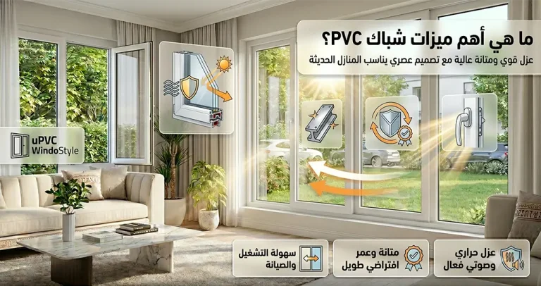 ميزات شباك PVC | 10 أسباب تجعل uPVC الخيار الأفضل للمنازل 9 عزل قوي ومتانة عالية مع تصميم عصري يناسب المنازل الحديثة المميزات الثلاث أسفل التصميم: عزل حراري وصوتي فعال متانة وعمر افتراضي طويل