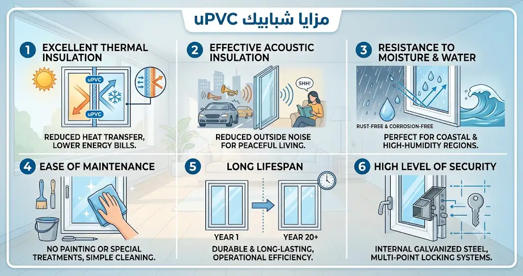 مزايا شبابيك uPVC 1. عزل حراري ممتاز من أهم مزايا شبابيك uPVC قدرتها على تقليل انتقال الحرارة بين داخل وخارج المبنى، خاصة عند استخدام الزجاج المزدوج. ويساعد ذلك على تقليل استهلاك أجهزة التكييف والتدفئة وتحسين كفاءة الطاقة. 2. عزل صوتي فعال توفر شبابيك uPVC مستوى جيدًا من العزل الصوتي مقارنة بالشبابيك التقليدية المصنوعة من الألومنيوم، خصوصًا عند استخدام زجاج مزدوج أو ثلاثي الطبقات. 3. مقاومة الرطوبة والمياه لا تتعرض قطاعات uPVC للصدأ أو التآكل نتيجة الرطوبة أو الأمطار، مما يجعلها خيارًا مثاليًا للمناطق الساحلية والأماكن ذات الرطوبة المرتفعة. 4. سهولة الصيانة لا تحتاج شبابيك uPVC إلى إعادة دهان أو معالجة دورية مثل بعض الخامات الأخرى، ويكفي تنظيفها بالماء والمنظفات الخفيفة للحفاظ على مظهرها. 5. عمر افتراضي طويل عند استخدام قطاعات وإكسسوارات عالية الجودة يمكن أن تستمر شبابيك uPVC لسنوات طويلة مع الحفاظ على كفاءتها التشغيلية. 6. مستوى أمان مرتفع يمكن تدعيم شبابيك uPVC بحديد مجلفن داخلي وأنظمة إغلاق متعددة النقاط، مما يزيد من مستوى الأمان والحماية.