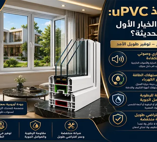 مزايا نوافذ uPVC أهم مزايا نوافذ uPVC مثل العزل الحراري والصوتي ومقاومة الرطوبة والعوامل الجوية وسهولة الصيانة وتوفير الطاقة، ولماذا أصبحت الخيار المفضل للمنازل الحديثة