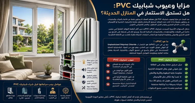 مزايا و عيوب شبابيك PVC | مقارنة شاملة | ويندوستايل 2025 6 تعرف على أهم مزايا و عيوب شبابيك PVC وuPVC، ومقارنتها بالألوميتال والخشب، وكيف تختار شبابيك عالية الجودة توفر العزل والمتانة والعمر الطويل