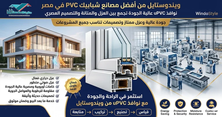 ويندوستايل من أفضل مصانع شبابيك PVC في مصر عالية الجودة 7 تُعد ويندوستايل من أفضل مصانع شبابيك PVC في مصر، حيث تقدم نوافذ uPVC عالية الجودة بعزل حراري وصوتي ممتاز وخامات موثوقة وتصميمات عصرية تناسب مختلف المشروعات