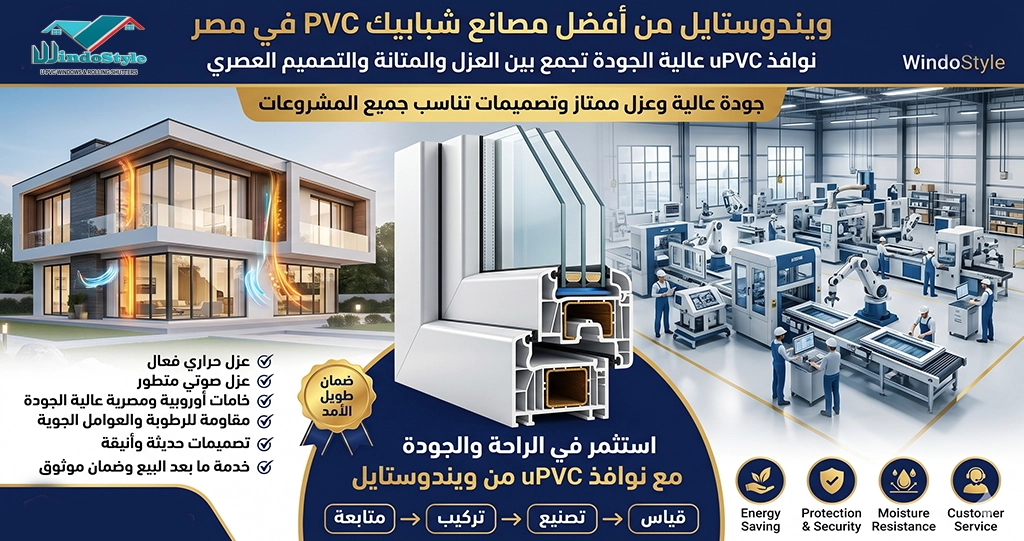 تُعد ويندوستايل من أفضل مصانع شبابيك PVC في مصر، حيث تقدم نوافذ uPVC عالية الجودة بعزل حراري وصوتي ممتاز وخامات موثوقة وتصميمات عصرية تناسب مختلف المشروعات 