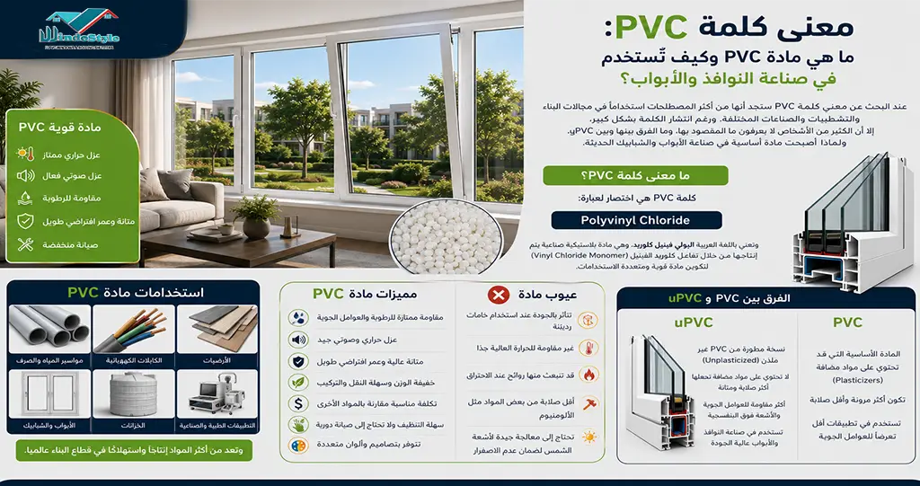 معنى كلمة PVC | المكونات والاستخدامات والفرق بين PVC وuPVC 2 https://www.facebook.com/WindoStyle/ معنى كلمة PVC: ما هي مادة PVC وكيف تُستخدم في صناعة النوافذ والأبواب؟ عند البحث عن معنى كلمة PVC ستجد أنها من أكثر المصطلحات استخدامًا في مجالات البناء والتشطيبات والصناعات المختلفة. ورغم انتشار الكلمة بشكل كبير، إلا أن الكثير من الأشخاص لا يعرفون ما المقصود بها، وما الفرق بينها وبين uPVC، ولماذا أصبحت مادة أساسية في صناعة الأبواب والشبابيك الحديثة. في السنوات الأخيرة انتشرت أنظمة النوافذ والأبواب المصنوعة من PVC وuPVC في مصر والعالم بفضل ما توفره من عزل حراري وصوتي ومقاومة للرطوبة والعوامل الجوية. ولهذا أصبح فهم طبيعة هذه المادة ومكوناتها أمرًا مهمًا لكل من يفكر في تركيب شبابيك أو أبواب جديدة لمنزله. في هذا المقال من ويندوستايل سنتعرف بالتفصيل على معنى كلمة PVC، ومكونات المادة، واستخداماتها، وأهم مميزاتها وعيوبها، والفرق بينها وبين uPVC. ما معنى كلمة PVC؟ كلمة PVC هي اختصار لعبارة: Polyvinyl Chloride وتعني باللغة العربية البولي فينيل كلوريد، وهي مادة بلاستيكية صناعية يتم إنتاجها من خلال تفاعل كلوريد الفينيل (Vinyl Chloride Monomer) لتكوين مادة قوية ومتعددة الاستخدامات. وتعتبر مادة PVC من أكثر المواد البلاستيكية استخدامًا حول العالم، حيث تدخل في العديد من الصناعات مثل: مواسير المياه والصرف. الكابلات الكهربائية. الأرضيات. الأبواب والشبابيك. الخزانات. التطبيقات الطبية والصناعية. وتعد من أكثر المواد إنتاجًا واستهلاكًا في قطاع البناء عالميًا.