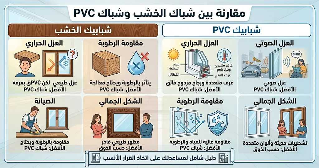 مقارنة بين شباك الخشب وشباك PVC العزل الحراري يعتبر الخشب مادة عازلة بطبيعتها، ولكن أنظمة uPVC الحديثة المزودة بغرف داخلية متعددة وزجاج مزدوج توفر عزلًا حراريًا أعلى في أغلب التطبيقات. الأفضل: شباك PVC. العزل الصوتي إذا كان المنزل يقع بالقرب من شارع رئيسي أو منطقة مزدحمة، فإن العزل الصوتي يصبح عاملًا مهمًا. وتحقق شبابيك PVC نتائج ممتازة عند تركيبها مع الزجاج المزدوج. الأفضل: شباك PVC. مقاومة الرطوبة يتأثر الخشب بالرطوبة وقد يحتاج إلى معالجة أو إعادة دهان بشكل دوري، بينما تتميز قطاعات PVC بمقاومة عالية للمياه والرطوبة. الأفضل: شباك PVC. الصيانة الشبابيك الخشبية تحتاج إلى صيانة منتظمة للحفاظ على شكلها ومنع التشققات أو تغير اللون. أما شبابيك PVC فتتطلب تنظيفًا بسيطًا فقط. الأفضل: شباك PVC. الشكل الجمالي لا يزال الخشب يحتفظ بجاذبية خاصة لدى بعض العملاء بفضل مظهره الطبيعي الفاخر. وفي المقابل أصبحت تتوفر أنظمة PVC بتشطيبات وألوان تحاكي الخشب بدرجة كبيرة. الأفضل: حسب الذوق الشخصي. العمر الافتراضي يعتمد العمر الافتراضي للخشب على نوع الخامة وجودة الصيانة، بينما يمكن أن تستمر شبابيك PVC عالية الجودة لعقود مع الحد الأدنى من أعمال الصيانة.