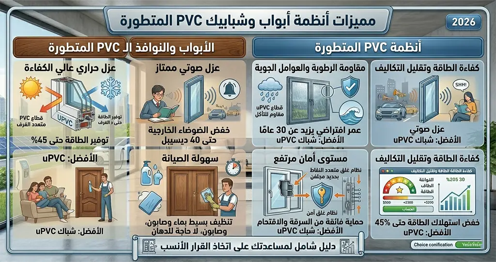 أبواب PVC و شبابيك PVC | المميزات والأسعار ودليل الاختيار 2 مميزات أبواب PVC و شبابيك PVC عزل حراري عالي الكفاءة تساعد أنظمة PVC على تقليل انتقال الحرارة بين داخل وخارج المبنى، مما يساهم في تقليل استهلاك أجهزة التكييف والتدفئة وتحسين كفاءة الطاقة. عزل صوتي ممتاز عند استخدام الزجاج المزدوج مع قطاعات uPVC عالية الجودة يمكن تقليل الضوضاء الخارجية بشكل ملحوظ، وهو ما يجعلها مناسبة للمنازل الواقعة بالقرب من الطرق الرئيسية والمناطق المزدحمة. مقاومة الرطوبة والعوامل الجوية لا تتعرض قطاعات PVC للصدأ أو التآكل نتيجة الأمطار أو الرطوبة، مما يمنحها عمرًا افتراضيًا طويلًا مقارنة ببعض الخامات الأخرى. سهولة الصيانة لا تحتاج أبواب وشبابيك PVC إلى أعمال دهان دورية أو معالجات خاصة، ويكفي تنظيفها بشكل منتظم للحفاظ على مظهرها. مستوى أمان مرتفع تتميز الأنظمة الحديثة بإمكانية تركيب أنظمة غلق متعددة النقاط مع تدعيمات داخلية لزيادة الأمان والحماية.