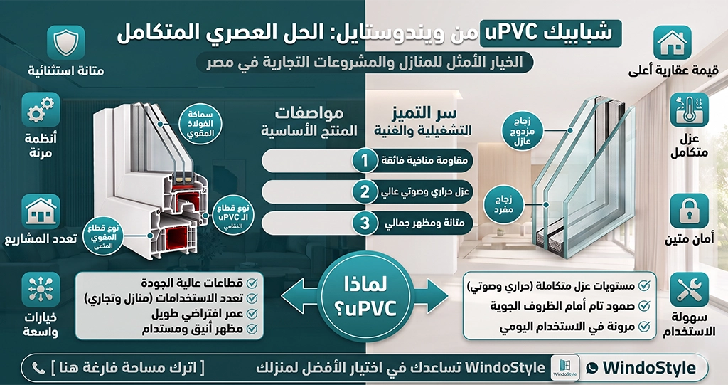 أثبتت الشبابيك Upvc في مصر أنها من أفضل الحلول الحديثة للمنازل والمشروعات التجارية، بفضل قدرتها على مقاومة الظروف المناخية المختلفة وتحقيق مستويات عالية من العزل الحراري والصوتي مع الحفاظ على المظهر الجمالي وسهولة الاستخدام 