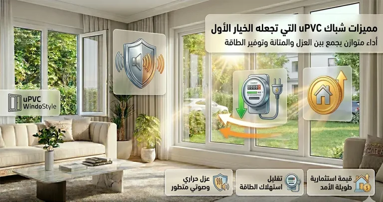 تعرف على أهم مميزات شباك uPVC مثل العزل الحراري والصوتي ومقاومة الرطوبة وسهولة الصيانة والعمر الافتراضي الطويل، ولماذا يفضله الكثيرون في المنازل الحديثة 